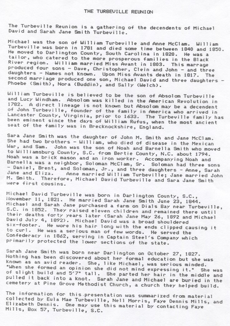 Reunion History Turbeville Family Reunion